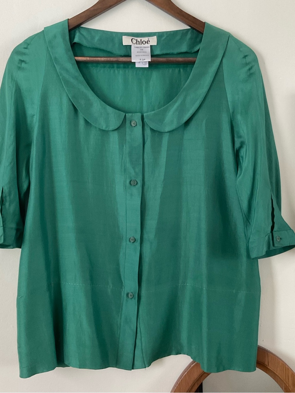 Vintage Chloé 2008 Runway Green Silk-Wool Peter Pan Collar Blouse FR 34 (XS/S)